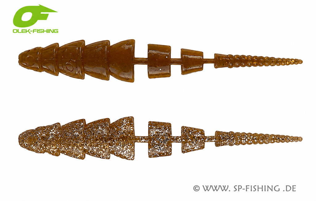 Gummiköder OLEK-Fishing Kaiman V2 10cm, gelb-orange, mit realistischen Details, ideal für Angeln auf Aspius, im Wasser schwimmend