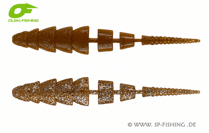 Gummiköder OLEK-Fishing Kaiman V2 10cm, gelb-orange, mit realistischen Details, ideal für Angeln auf Aspius, im Wasser schwimmend