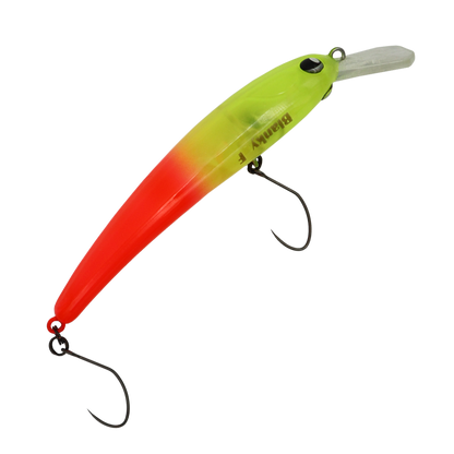 Rob Lure Blanky 65F FA01 Wobbler, farbiger Köder mit schimmernder Oberfläche, zeigt den angedeuteten Fischkörper und Angelhaken.
