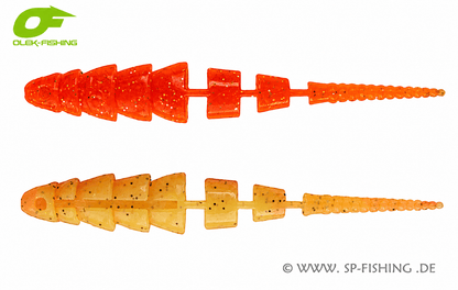 Gelber OLEK-Fishing Kaiman V2 Gummiköder mit UV-Design, 10cm Länge, für Angeln und Fischfang.