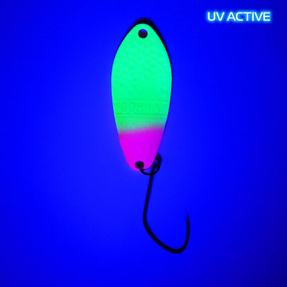 Angler'z System Antem Dohna FA02 spoon in UV finish, showcasing its sleek design and reflective surface.