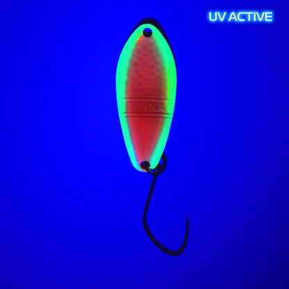 Front view of Angler'z System Antem Dohna FA04 UV spoon with vibrant colors and detailed design for fishing enthusiasts.
