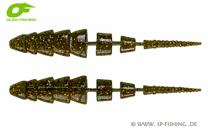 Gelber Gummiköder OLEK-Fishing Kaiman V2 10cm zum Angeln, detailreiche Textur und realistische Form, ideal für Forellen und Raubfische