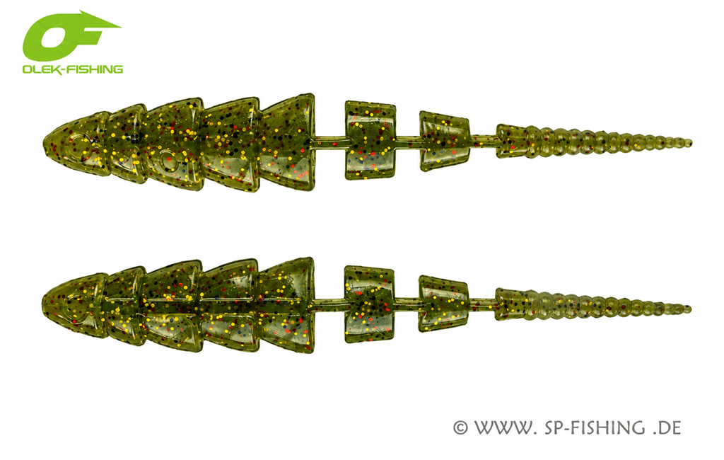 Gelber Gummiköder Kaiman V2 10cm von OLEK-Fishing, FirstChoice Gold Edition, zum Angeln auf Raubfische.