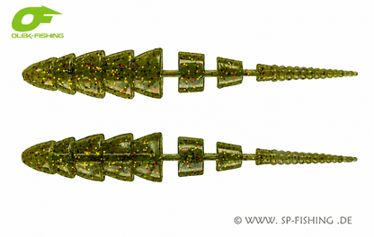 Gelber Gummiköder Kaiman V2 10cm von OLEK-Fishing, FirstChoice Gold Edition, zum Angeln auf Raubfische.
