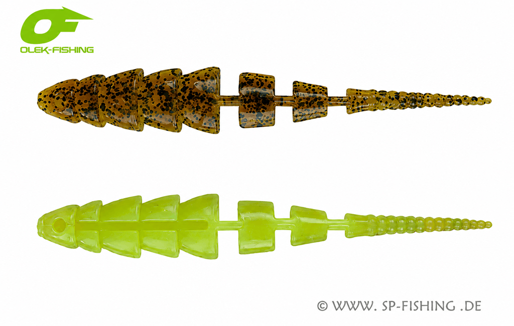 Grüner OLEK-Fishing Kaiman V2 Gummiköder in Green Pumpkin Chartreuse UV, schwimmend und zum Angeln geeignet