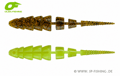 Grüner OLEK-Fishing Kaiman V2 Gummiköder in Green Pumpkin Chartreuse UV, schwimmend und zum Angeln geeignet