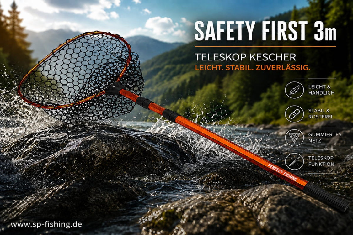 Forellenkescher SAFETY FIRST bis 3 m – Teleskopkescher mit 40 cm Netztiefe