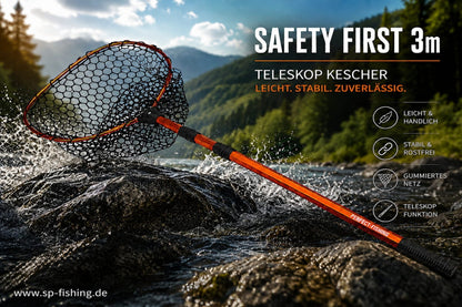 Forellenkescher SAFETY FIRST bis 3 m – Teleskopkescher mit 40 cm Netztiefe