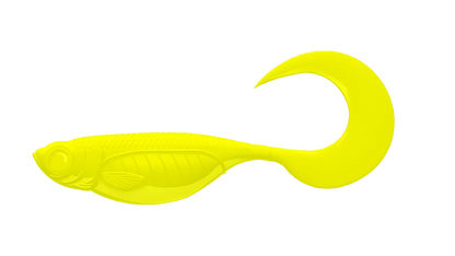 Hot Yellow Libra Lures Predator Series Embryon Twist Tail soft bait with a twist tail design for fishing.