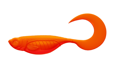 Libra Lures Predator Series Embryon Twist Tail in hot orange, showcasing the rubber bait's twist tail design and texture.