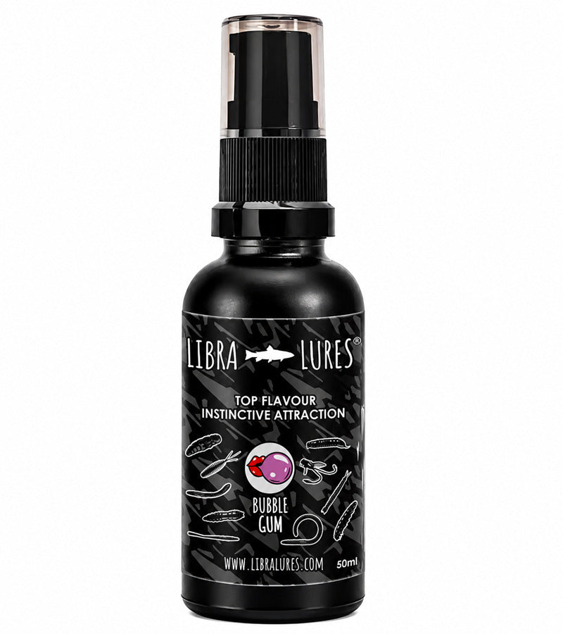 Libra Lures Aroma Spray mit Kaugummi-Geschmack, attraktiver Duft für Angeln und Fischfang, auf Bild mit Sprühflasche.