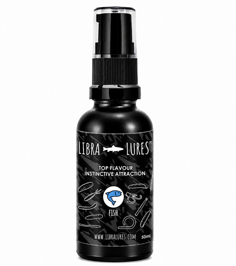Libra Lures Aroma Spray Flavour Attractant für Angeln, zeigt Flasche mit Fisch-Aroma-Spray, ideal zum Anlocken von Fischen