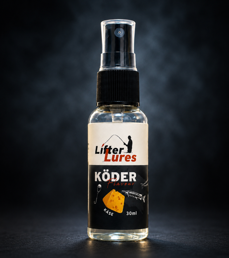 Lifter Lures Flavour 30 ml Flavour Attractant in dispenser, zeigt die Verpackung mit Flavour-Design, ideal für Angelköder.