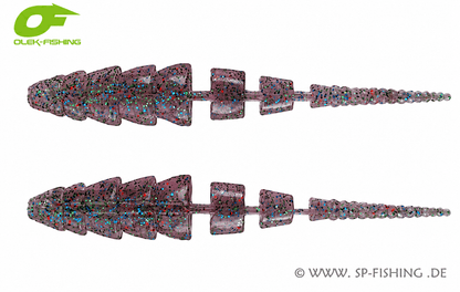 Gelber Gummiköder OLEK-Fishing Kaiman V2 10cm mit Perch-Design für Angeln, detailreiche Textur und realistische Form.