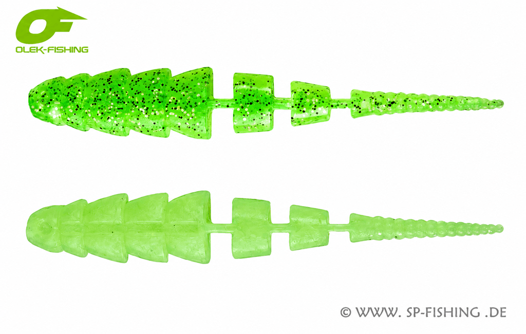 Transparenter Lime-Chartreuse UV Gummiköder OLEK-Fishing Kaiman V2 10cm zum Angeln